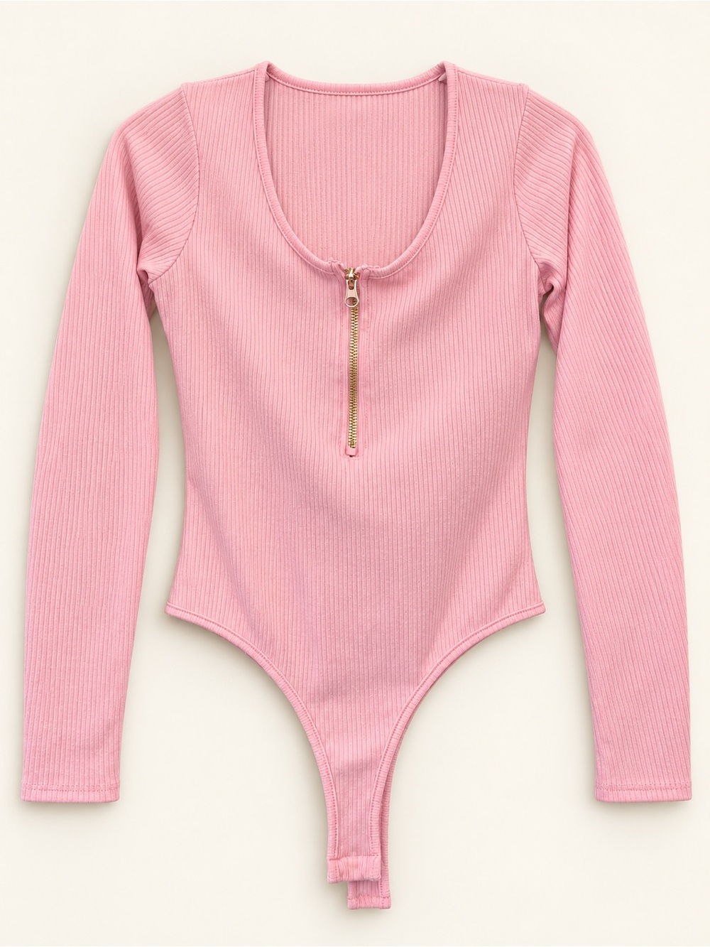 Papaya Pink Ribbed Long Sleeve Zip Front Bodysuit, Large
